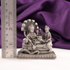 925 Silver 3D Vishnumurthy Idol, 126g, 6.5cm Length, showing intricate design with purple fabric background and ruler for scale.