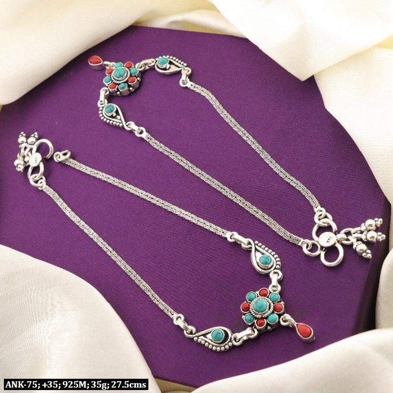 925 silver Madhavi women anklets, weight 35g, length 27.5cms displayed on purple fabric