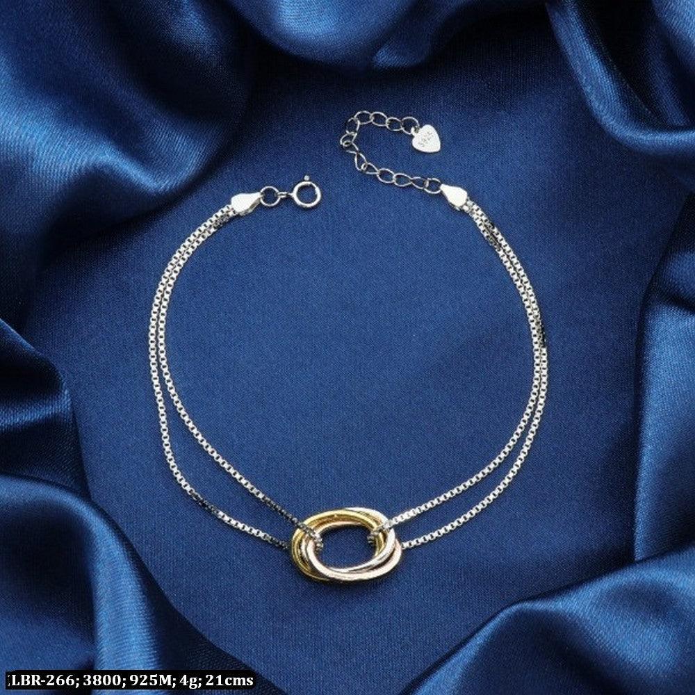 925 silver oval women bracelet LBR-266, 4g, 21cm length, purity 925, elegant two-chain design on dark blue satin background