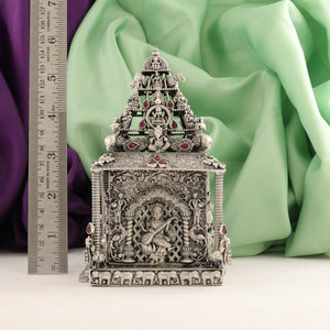 925 silver 3D Lakshmi temple idol, 458g, 14cm length, 925 purity, intricate design with purple and green drapes in background.