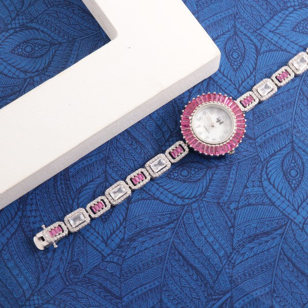 925 silver Adrija women's watch WW-26 with pink and white gemstone accents on a blue patterned background.