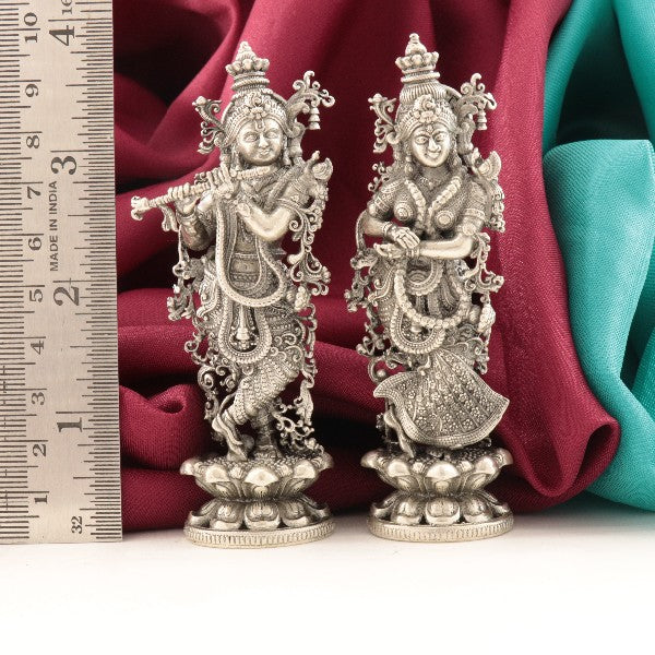 925 Silver 3D Radhakrishna Idols weighing 156g with 9.5cm height displayed against measuring scale and colorful fabric background