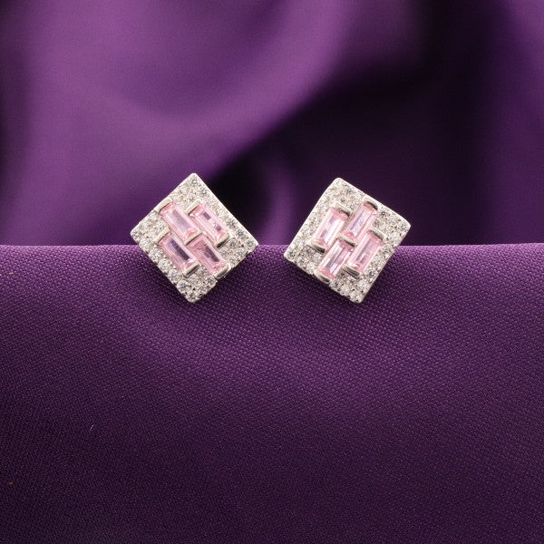 925 Silver Hasika Women Studs STD-286 featuring a square design with pink accents, weight 3g, purity 925, displayed on purple fabric background.