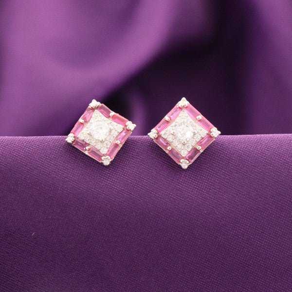 925 silver Saphala women studs STD-289 with pink and white gemstones against purple background