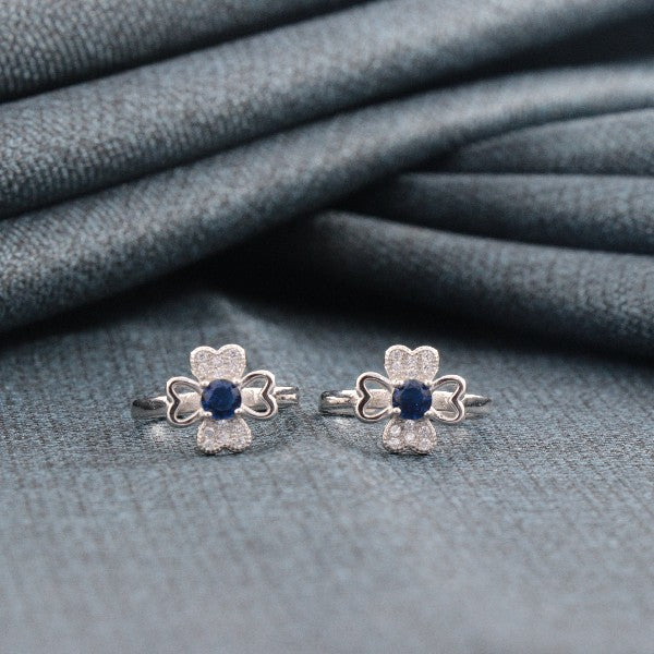 925 silver Nirmitha women toe-rings TE-280 with blue gemstones, 4g weight, elegant floral design, high-quality silver jewelry.