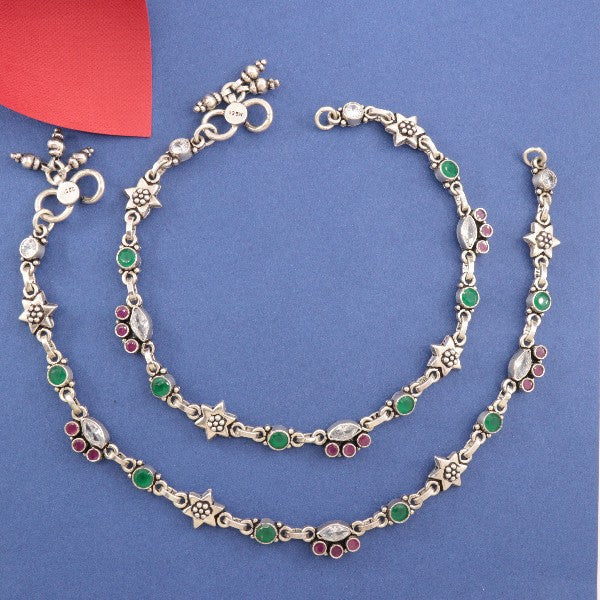 925 Silver Sadhana Women Anklets ANK-147 with green and red accents on blue background. Weight 48g, Length 28cms, Purity 925.