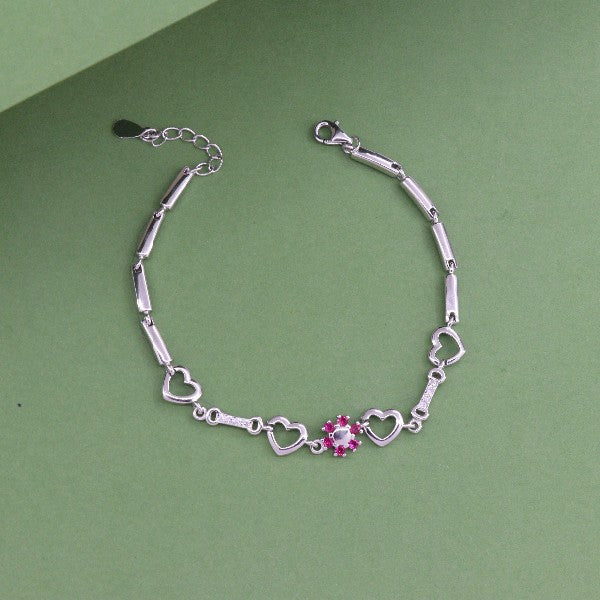 925 silver Vandana women's bracelet LBR-375, 21cm length with heart design, pink stone centerpiece, 8g weight, purity 925