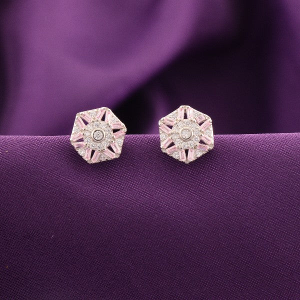 925 Silver Pragyaparamita Women Studs STD-288, hexagonal design, 3g weight, displayed on purple fabric