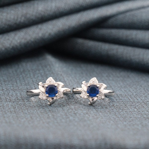 925 silver Sumitra women toe-rings with blue gemstone, 4g weight, elegant floral design, pure 925 silver jewelry.