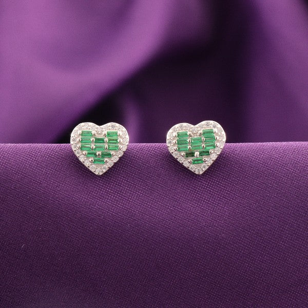 Heart-shaped 925 silver Inayat women studs STD-290 with green gemstone embellishments.