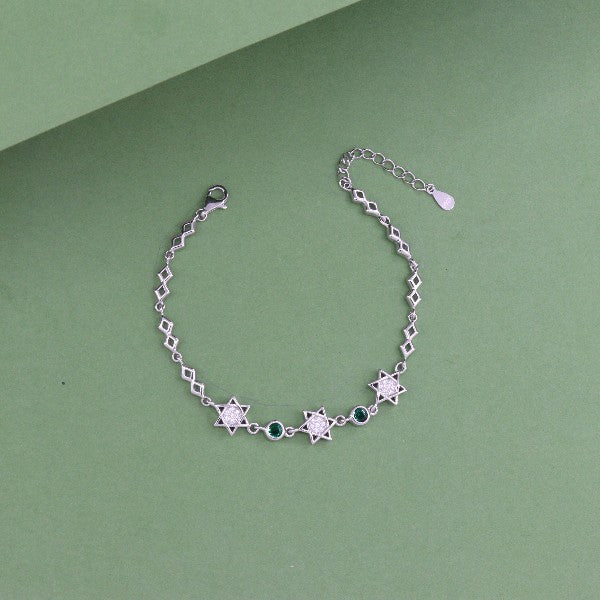 925 Silver Anjalika Women Bracelet LBR-379, 21cm long, featuring intricate star designs and green gems, fine 925 silver jewelry for elegant styles.