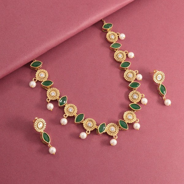 Elegant 925 silver Sharmistha women necklace NK-199 with green stones and pearl details, weight 40g, purity 925.