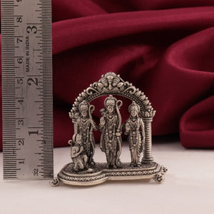 925 silver 3D Ram Darbar idol, 5cms, 60g, detailed figurine with a ruler and red cloth background.