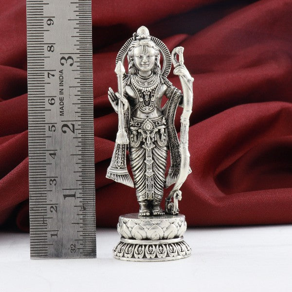 925 silver 3D Ayyodhya Ram idol, 104g, 8.5cm, situated next to a ruler showing its dimensions.