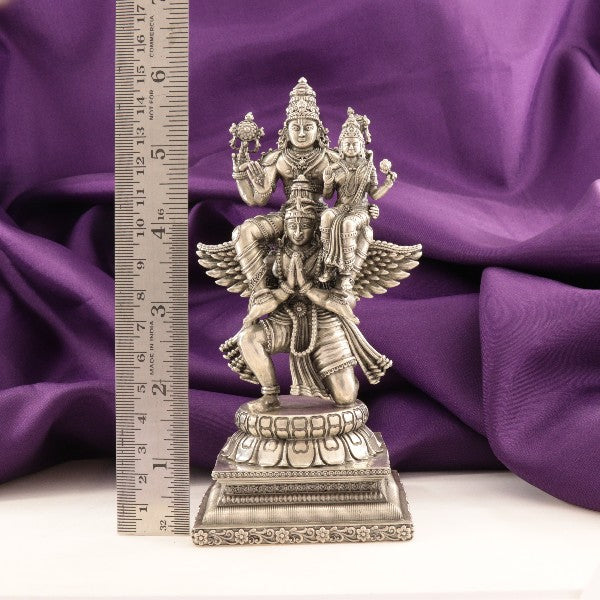 925 silver 3D Garuda Lakshmi Narayana idol, 363g, 15cm length, shown against purple cloth with scale for size comparison.