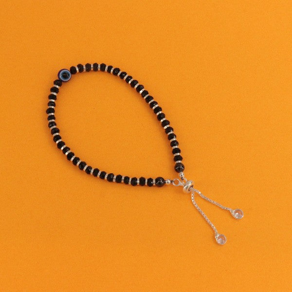 925 silver adjustable Marudham women Kada bracelet WKD-202 with black beads on orange background