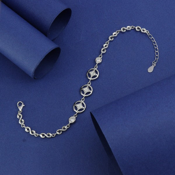 Elegant 925 Silver Meghamala Women Bracelet LBR-356, 21cm long, with intricate design and 8g weight placed on blue background