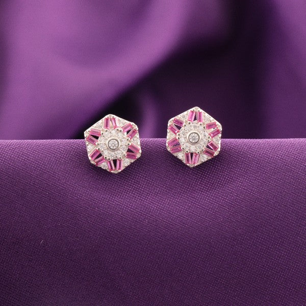 925 Silver Savitri Women Studs STD-285 with Pink Gemstones on Purple Fabric