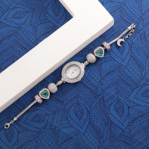 925 Silver Sudhira Women's Watch WW-22 with Decorative Bangle Design on Blue Background