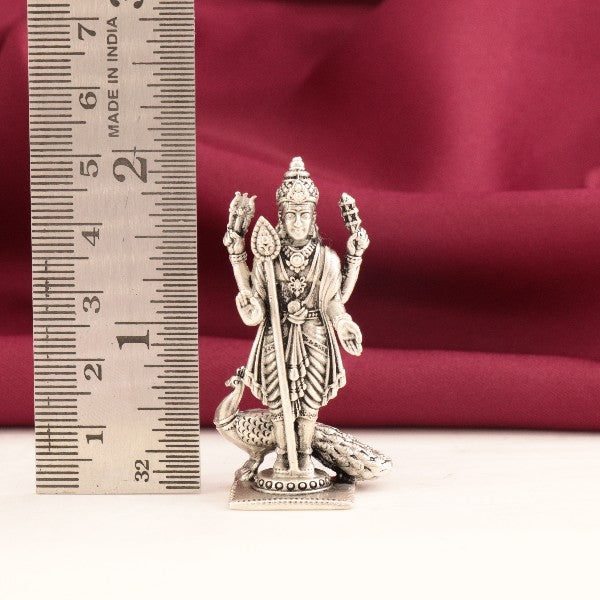 925 silver Murugar idol weighing 32g with dimensions 5cm in length, showcasing intricate 3D design, accompanied by a ruler for scale.