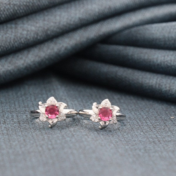 925 silver Gourangi women's toe rings TE-295 with pink gemstones, weight 4g, sterling silver purity, elegant floral design