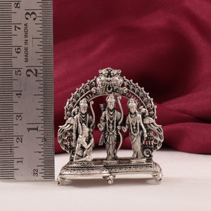 925 silver 3D Ram Darbar idols, 45g, 5cm length, with detailed craftsmanship against red cloth and ruler for scale.