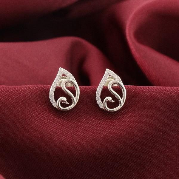 925 Silver Elili Women Studs STD-258 with elegant swirl design on a red fabric background, Weight 2g, 925 purity.