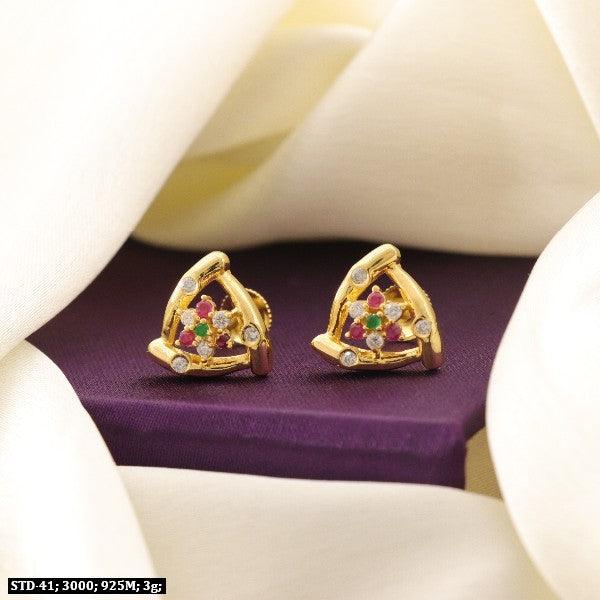 925 silver Indumati women's stud earrings STD-41 on purple fabric, 3g, showcasing intricate design and vibrant gemstones