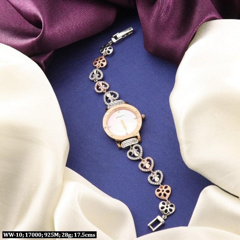 925 Silver Ramila Women Watch WW-10, 28g, 17.5cms length, displayed against a purple and cream fabric background.