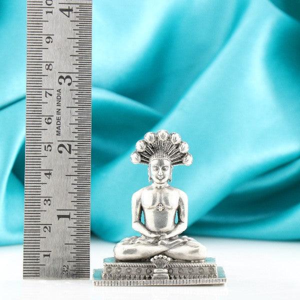 925 silver 3D Parshwanath idol, 65g, 5.5cms, displayed with a ruler for size comparison on a blue background