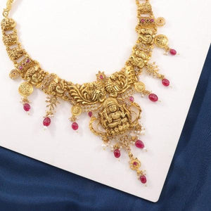 Elegant 925 Silver Lakshmi Women Necklace NK-178 with intricate design, featuring red gemstones; Purity 925, Weight 77g, Length adjustable.