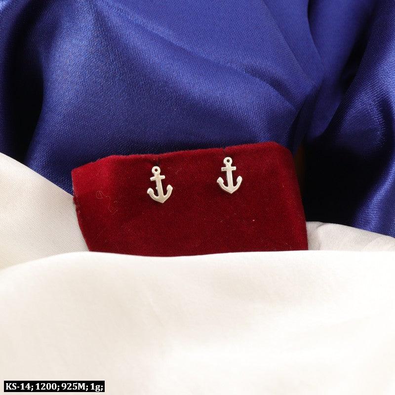 925 Silver Amarta Kids Studs KS-14, anchor design, lightweight 1g, 925 purity, displayed on red fabric against blue satin background