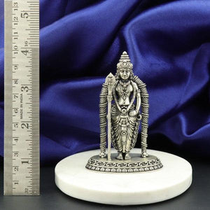 925 silver 2D Murugan idol, 64g, 8.5cm length, standing on a white base with measuring scale, 925 purity, detailed craftsmanship