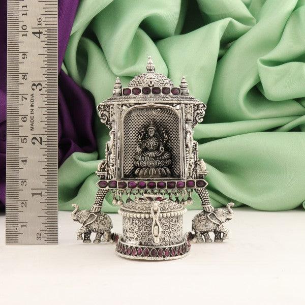 925 silver 3D Lakshmi kumkuma box, 85g, 9cm, intricate design with elephant details, adorned with purple stones.