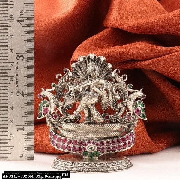 Exquisite 925 silver 2D Krishna idol, 83g, 8cms in length, adorned with intricate details and vibrant gemstone accents.