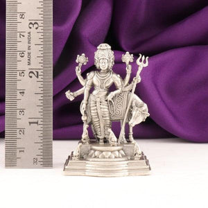 925 Silver 2D Dattatreya Idol 66g with Dimensions 6.5cm, Purity 925, Against Purple Background and Ruler for Scale