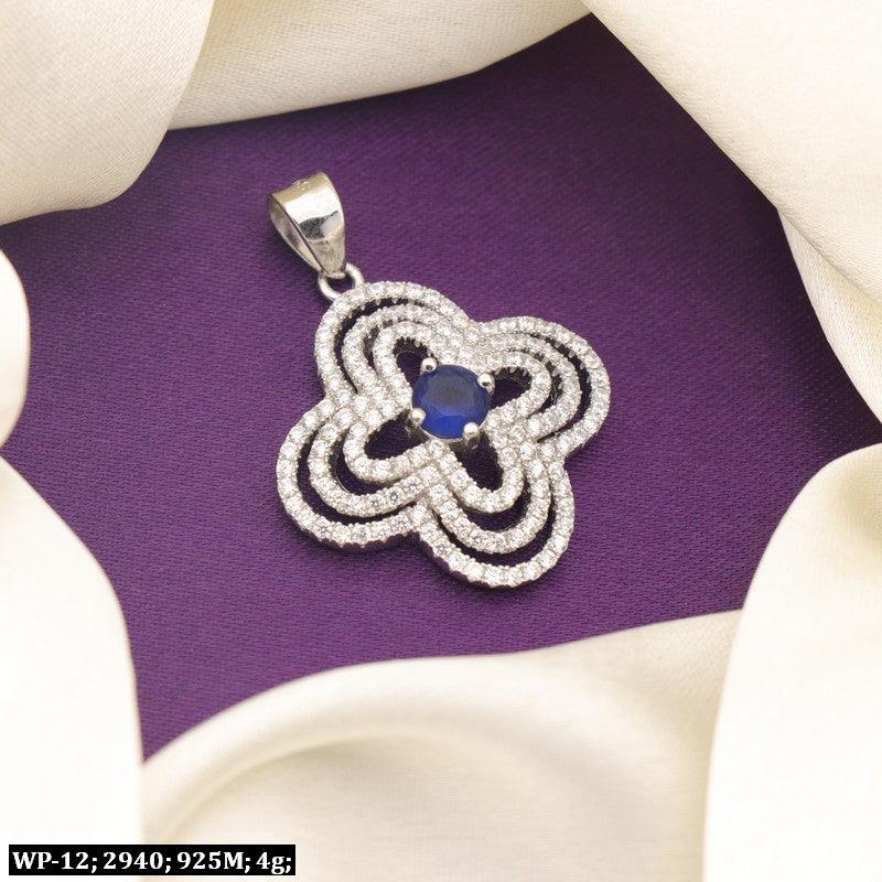 925 silver Roshan women pendant WP-12 with blue gemstone, 4g weight, 925 purity, elegant design against purple and cream fabric background