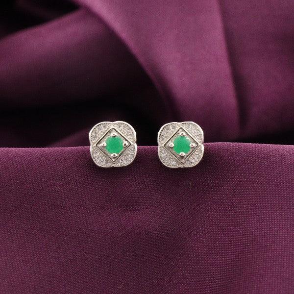 925 Silver Narmada Women Studs with Green Gemstone on Purple Fabric, Product Code STD-266