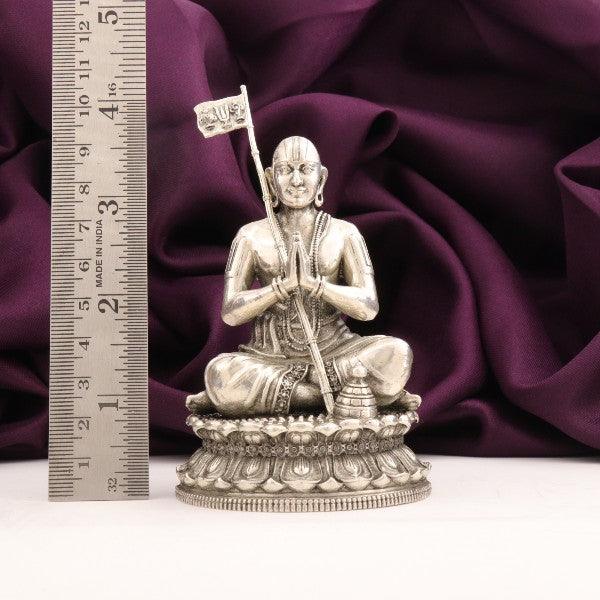 925 Silver 3D Ramanujar Idol, 179g, 10.5cms, AI-596, shown next to a ruler for scale against a purple fabric background.