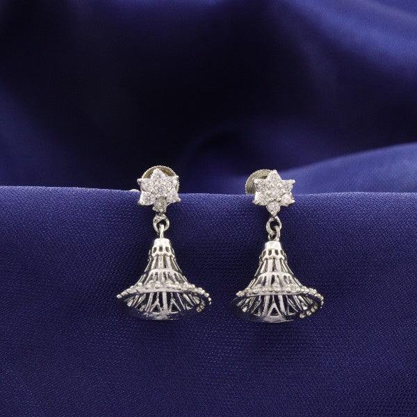 Elegant 925 silver Sarbani women jhumkas JHK-160 against a rich blue background, weighing 4g and showcasing intricate design.