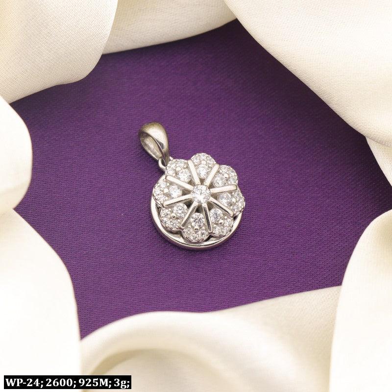 925 silver Sapna women's pendant WP-24, weighs 3g, displayed on a purple fabric background with cream cloth draped around.