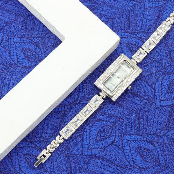 925 Silver Payoja Women Watch WW-18, rectangular dial and delicate chain, displayed on textured blue background.