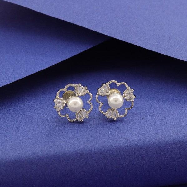 925 silver Shyama women studs STD-207, featuring a floral design with pearl center, weight 2g, purity 925, on blue background