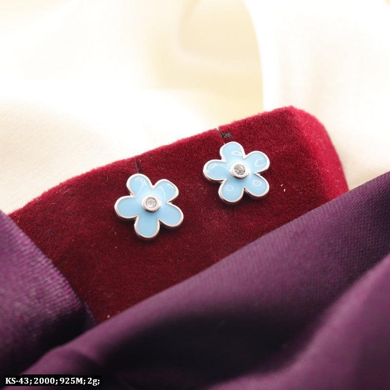 925 silver flower kids studs KS-43, 2g, delicate blue and white flower design on red and purple velvet background