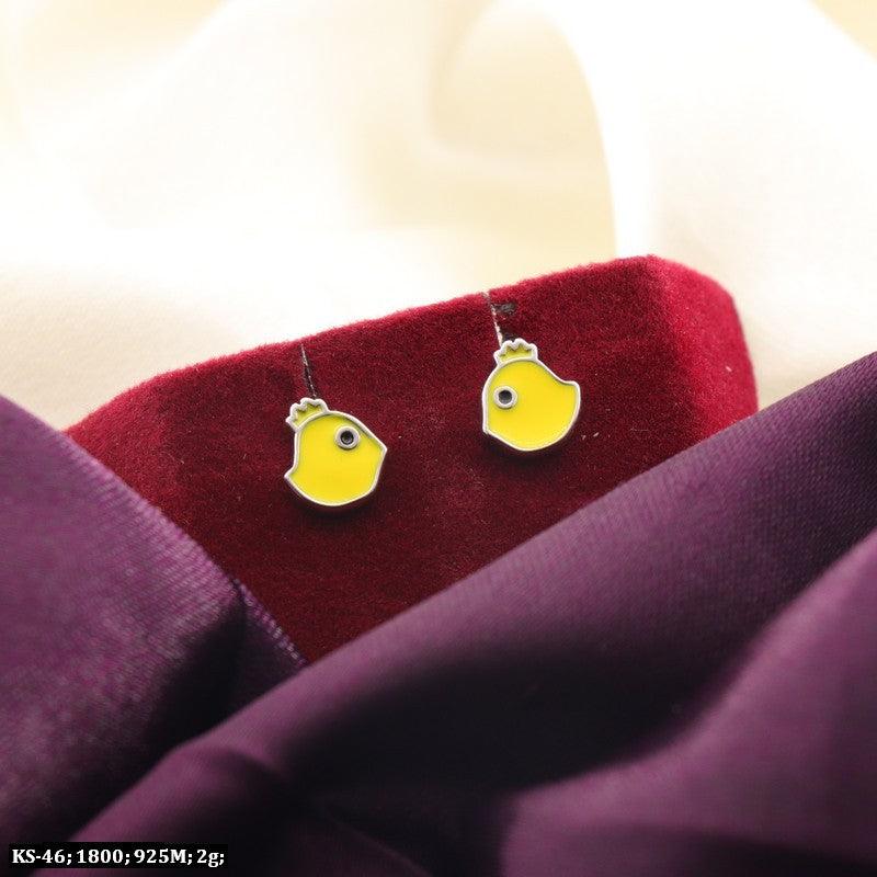 925 silver Shuchita kids yellow bird studs, KS-46, 2g weight, displayed on a red and cream fabric background