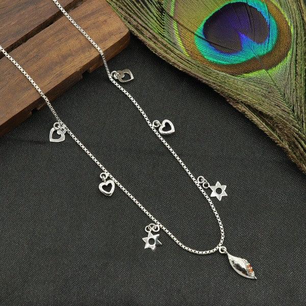 925 silver Neeta women necklace NK-126 with heart and star charms, 6g weight, purity 925, elegant design on wooden background with peacock feather