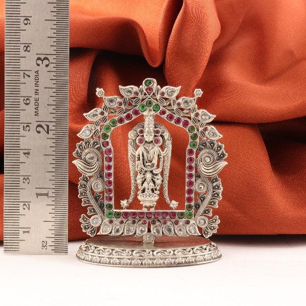 925 silver 2D Balaji idol, weighs 46g and measures 7cms in length, showcased with an orange fabric backdrop and a measuring ruler.