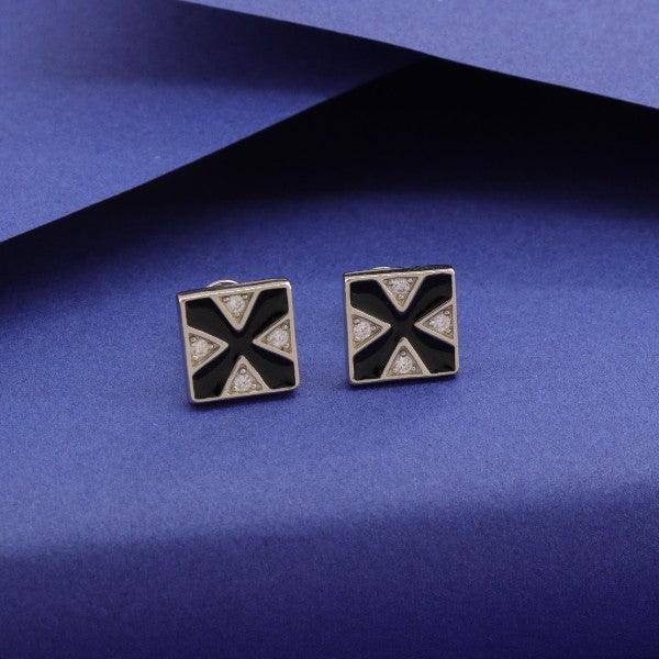 925 silver Ihitha women's studs STD-221, elegant square design, black and silver pattern, 3g, high purity 925