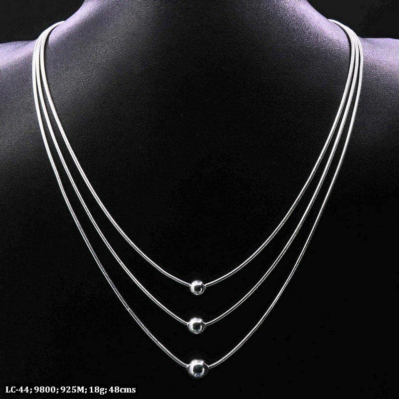 Elegant 925 Silver Asavari Women Chain LC-44, 18g, 48cms length, featuring a triple-layered design with smooth silver beads.