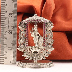 925 silver 2D Murugan idol, 57g weight, 7.5 cm dimensions, intricately designed with detailed craftsmanship, displayed with ruler for scale